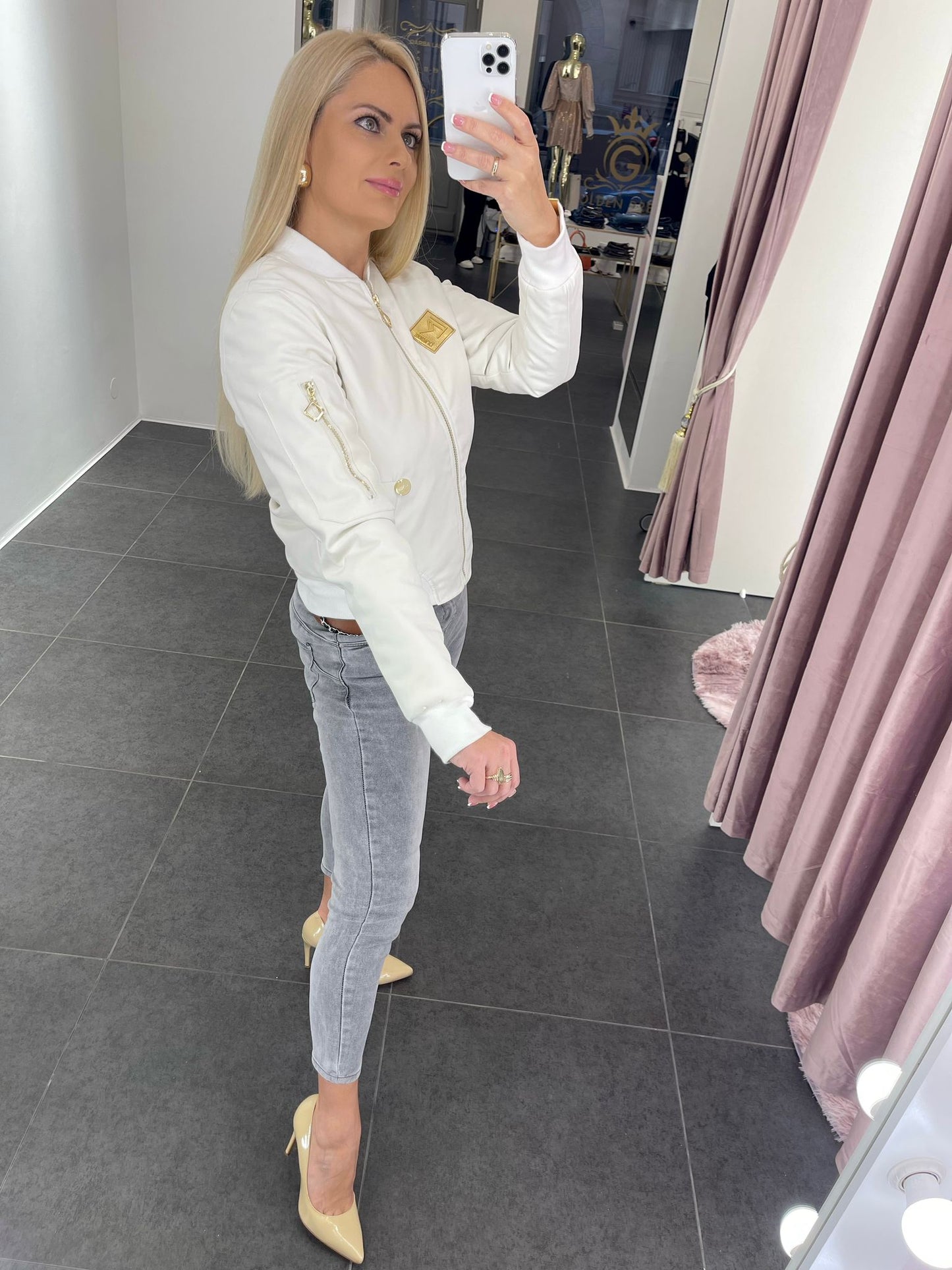 Balta bomber eko ādas jaka