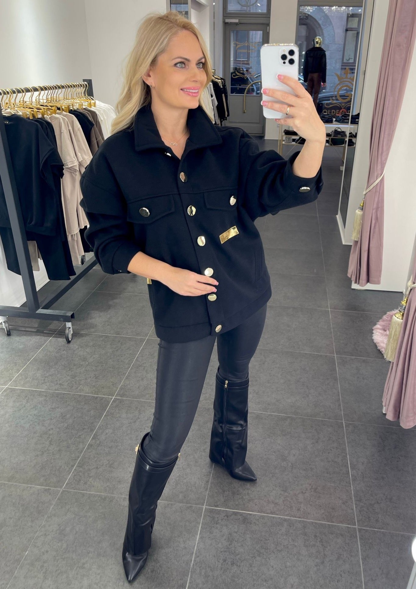 Black oversized jacket with gold buttons
