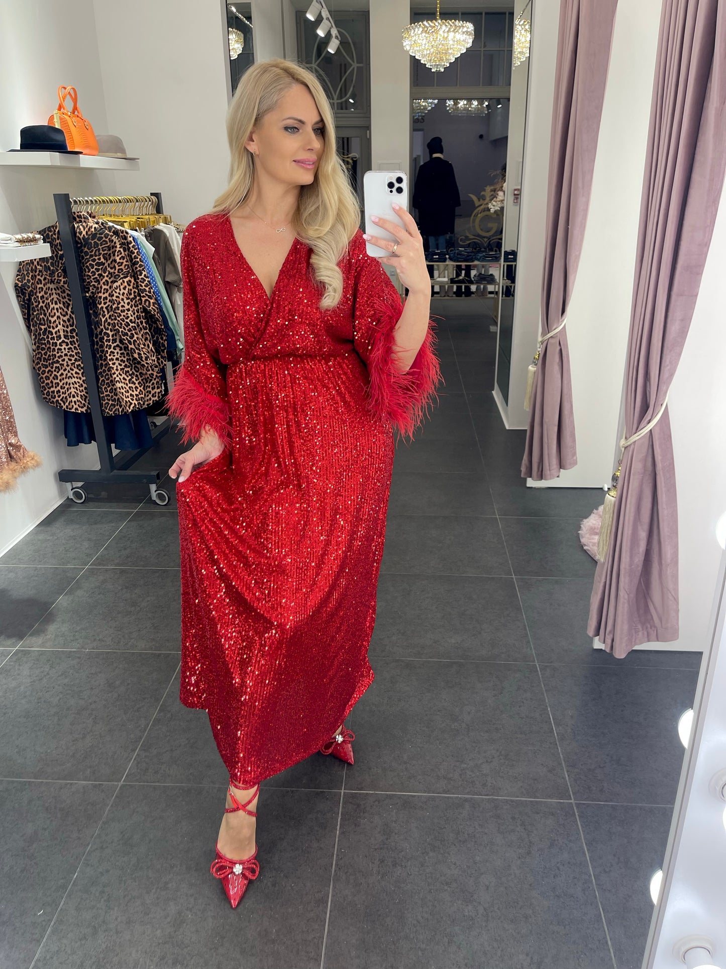 Red long sequin dress with feather cuffs